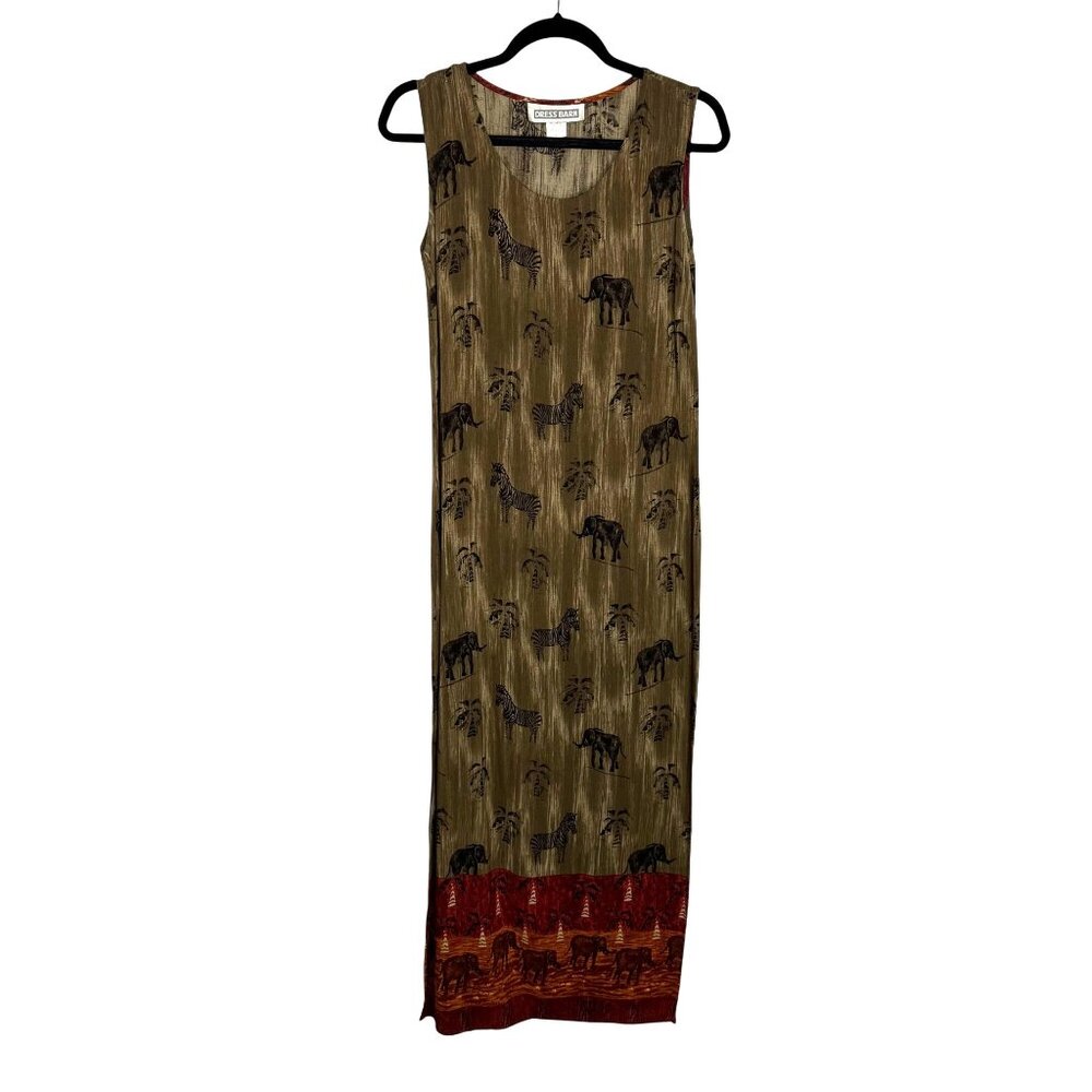 Sleeveless Dress Barn Safari Print Maxi Dress With Elephant & Zebra Patterns 8‎